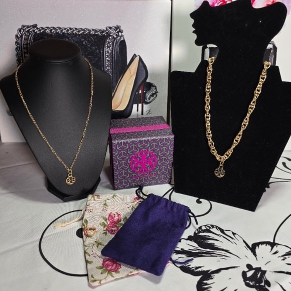2 TORY BURCH Charms on Unbranded Necklaces w/Gift Box & Dust Bags, EUC - Picture 9 of 10
